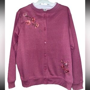 Vintage Bonnie Evans Women's Mauve Embroidered Floral Cardigan Sweatshirt Sz PL